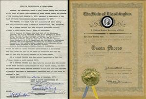 Documents for the incorporation of Ocean Shores. One documents contains signatures. The other shows a gold seal for the state of Washington.